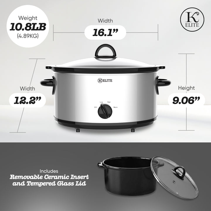 Kitchen Elite 6 Qt Slow Cooker, Stainless Steel Ceramic Crock Pot with Glass Lid