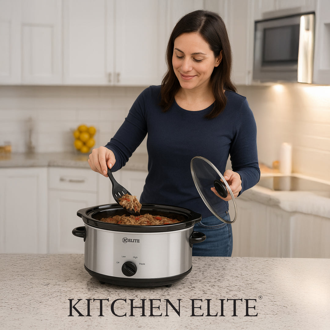 Kitchen Elite 6 Qt Slow Cooker, Stainless Steel Ceramic Crock Pot with Glass Lid