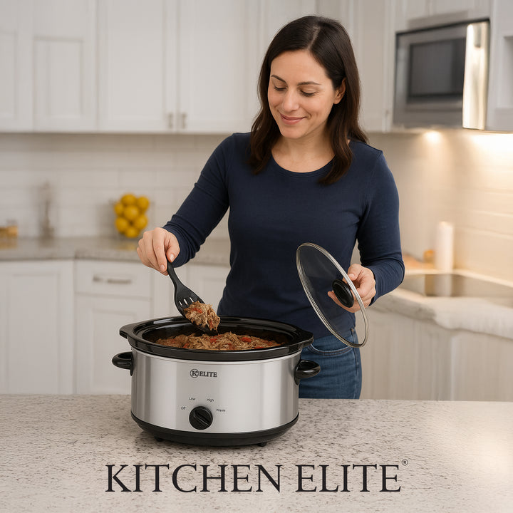Kitchen Elite 6 Qt Slow Cooker, Stainless Steel Ceramic Crock Pot with Glass Lid