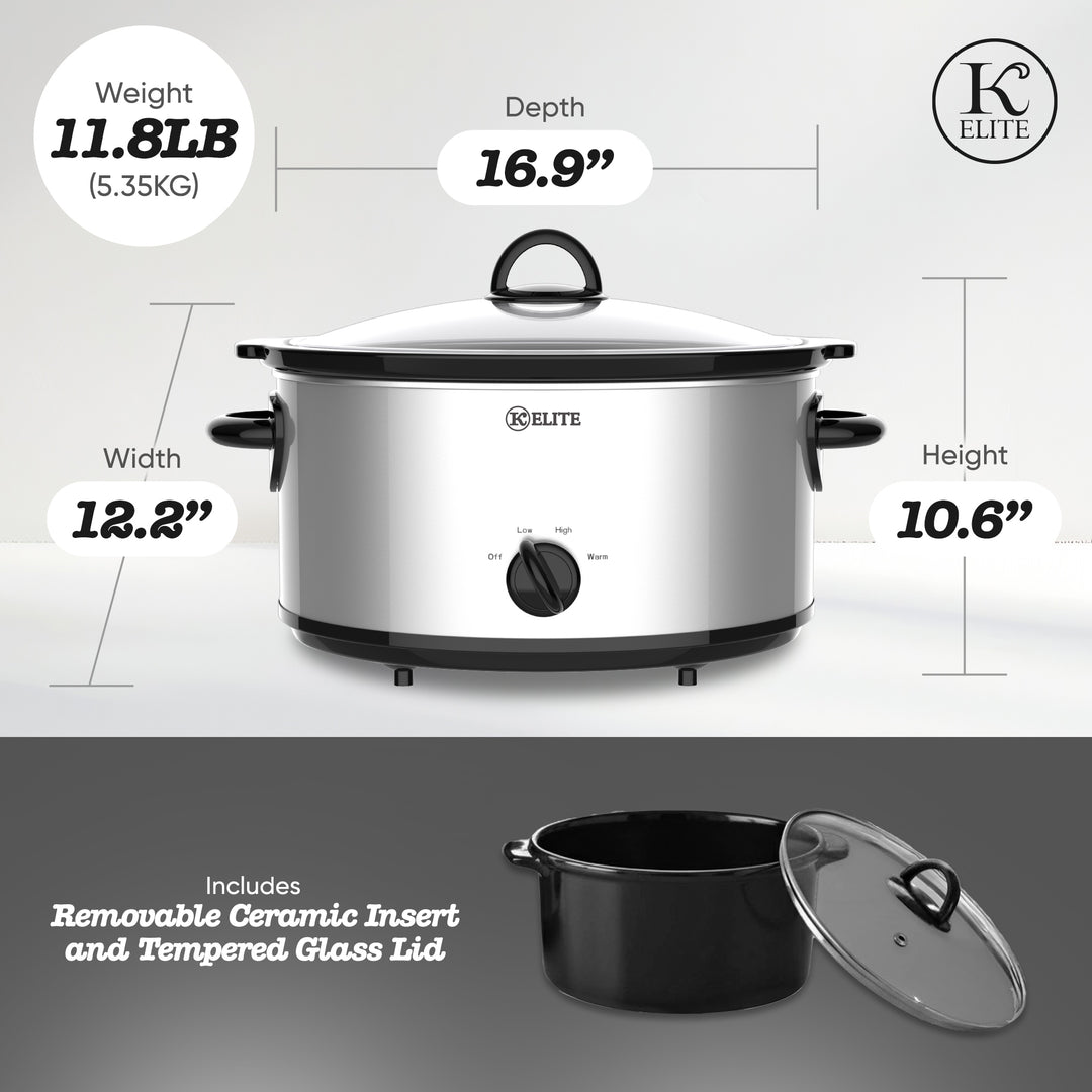 Kitchen Elite 7 Qt Slow Cooker, Stainless Steel Ceramic Crock Pot with Glass Lid