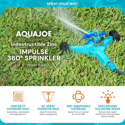 Aqua Joe Indestructible Zinc Impulse 360 Sprinkler, 6'' Wheel Base, AJ-IS6WB - VMInnovations