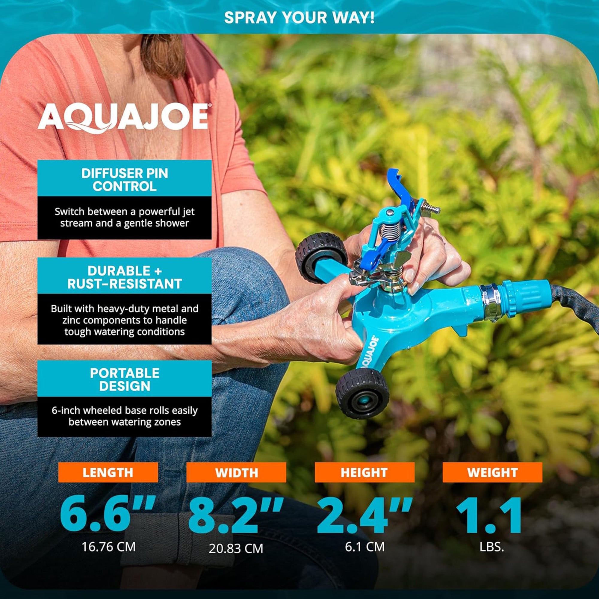 Aqua Joe Indestructible Zinc Impulse 360 Sprinkler, 6'' Wheel Base, AJ-IS6WB - VMInnovations