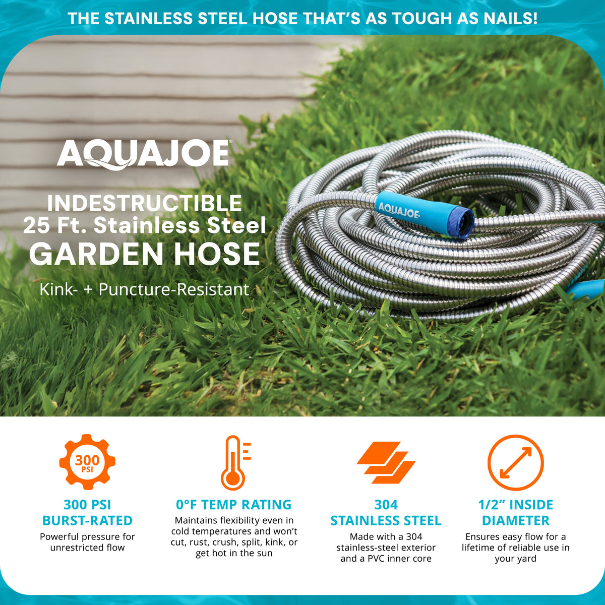 Aqua Joe 25Ft Heavy Duty Stainless Steel Garden Hose, 1/2 In Diameter (Open Box)