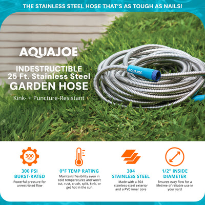 Aqua Joe 25Ft Heavy Duty Stainless Steel Garden Hose, 1/2 In Diameter (Open Box)