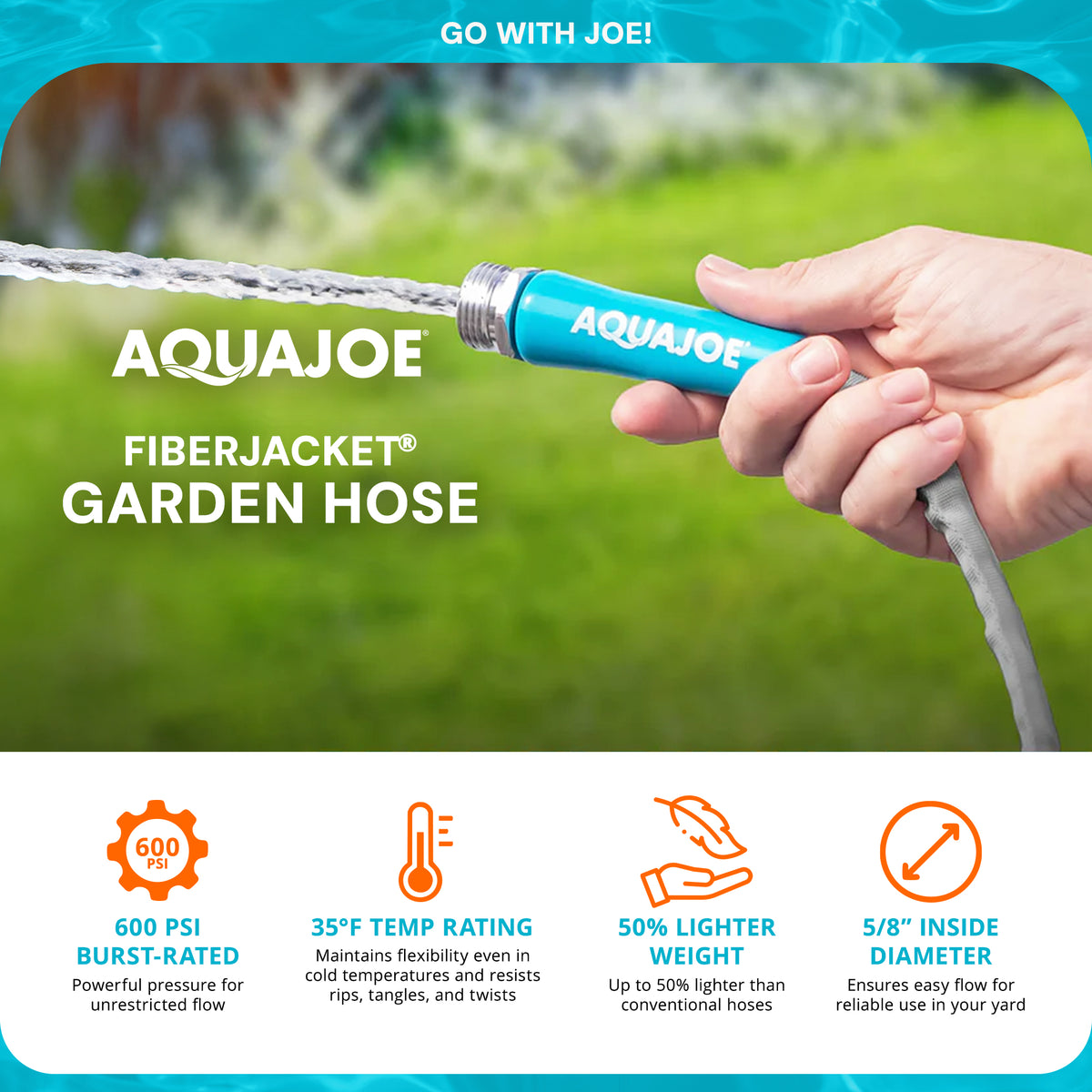 Aqua Joe Xtreme FiberJacket Garden Hose, Kink-Resistant, 50' x 1/2" Diameter