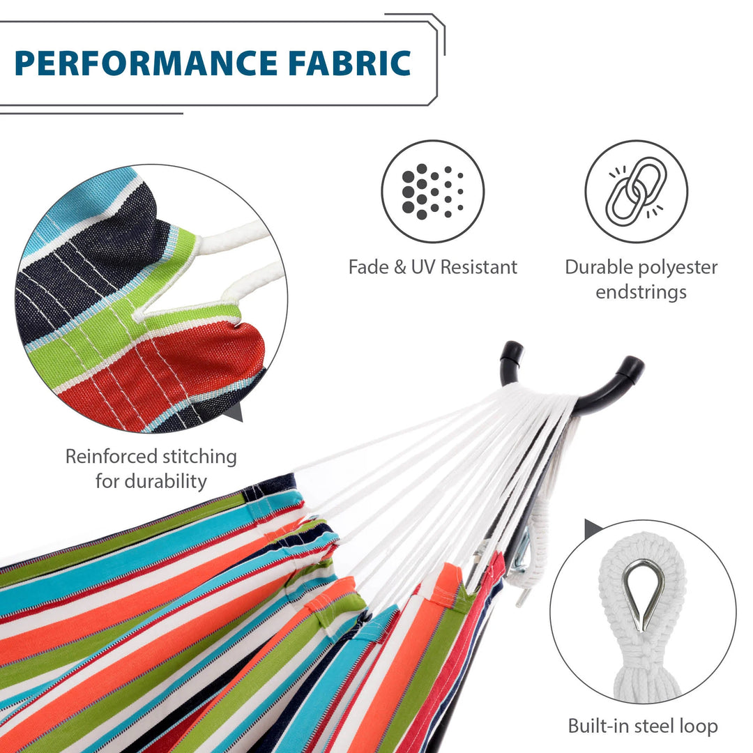 Vivere Double Sunbrella Hammock, Steel Stand, Portable Outdoor Lounge, Confetti