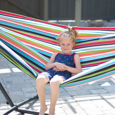 Vivere Double Sunbrella Hammock, Steel Stand, Portable Outdoor Lounge (Open Box) - VMInnovations