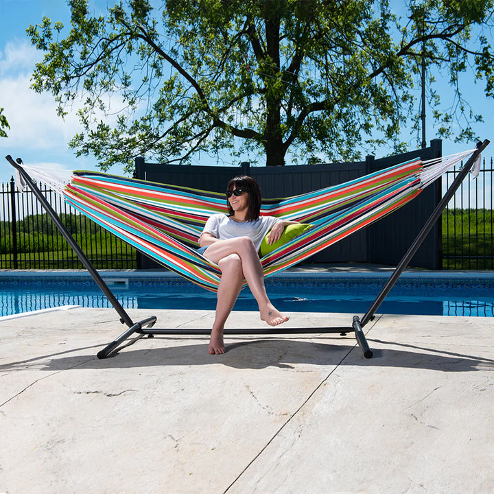Vivere Double Sunbrella Hammock, Steel Stand, Portable Outdoor Lounge, Confetti