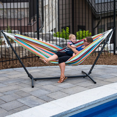Vivere Double Sunbrella Hammock, Steel Stand, Portable Outdoor Lounge (Open Box) - VMInnovations