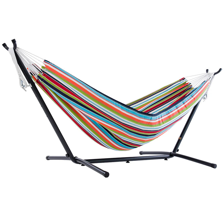 Vivere Double Sunbrella Hammock, Steel Stand, Portable Outdoor Lounge, Confetti