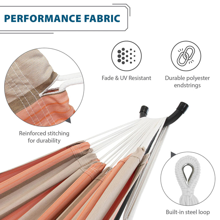 Vivere Double Sunbrella Hammock with Steel Stand, Portable Outdoor Lounge, Cameo