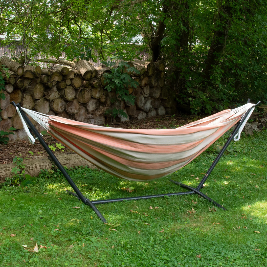 Vivere Double Sunbrella Hammock with Steel Stand, Portable Outdoor Lounge, Cameo