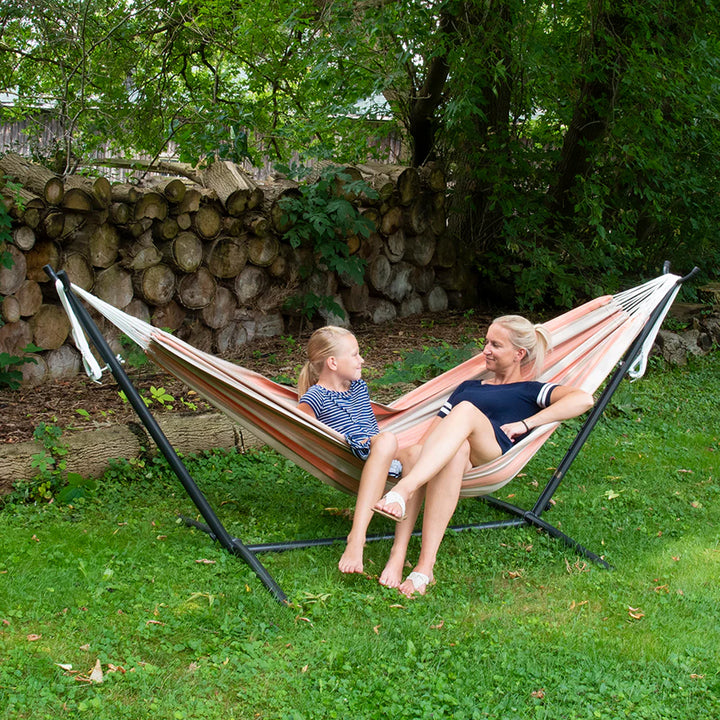 Vivere Double Sunbrella Hammock with Steel Stand, Portable Outdoor Lounge, Cameo