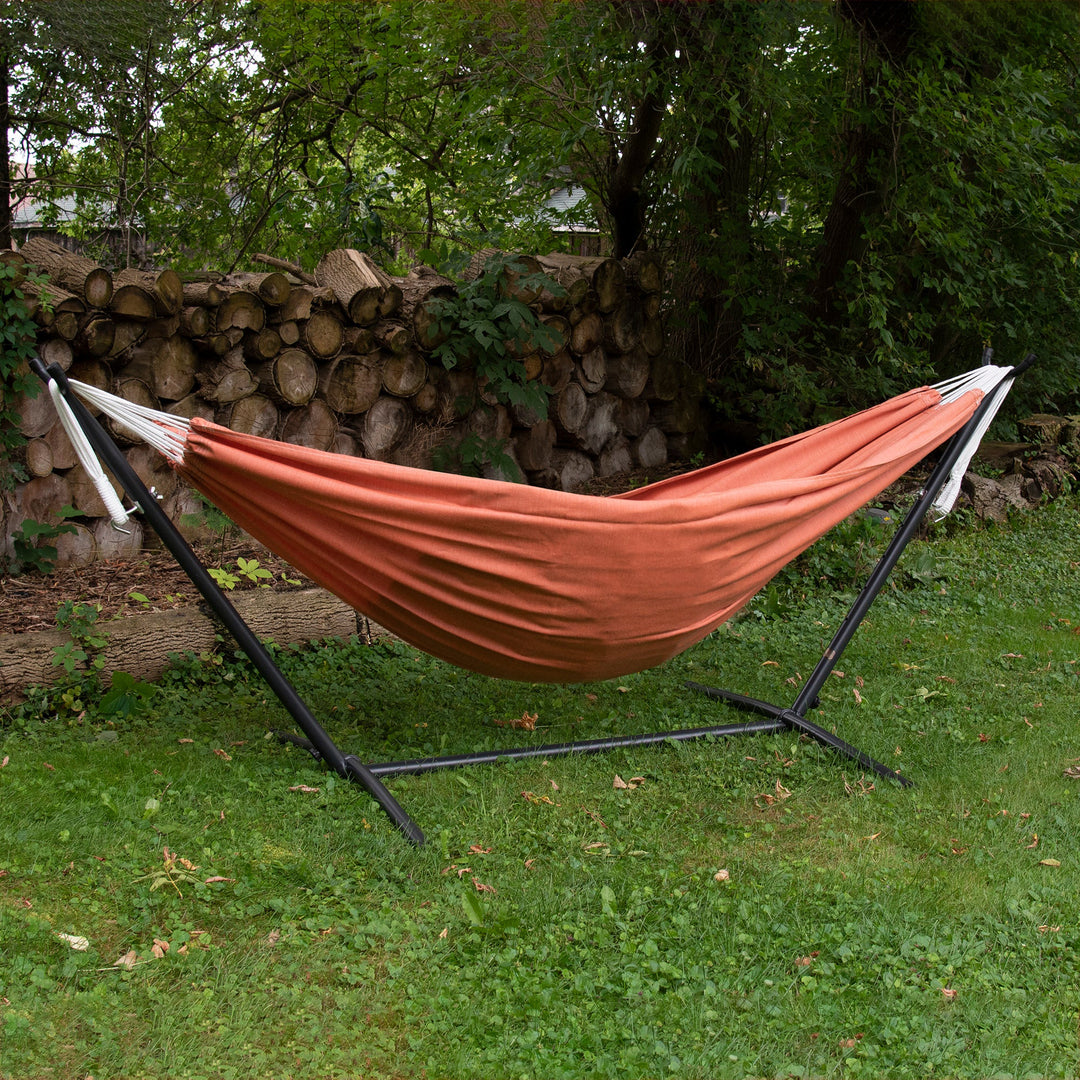 Vivere Double Sunbrella Hammock with Steel Stand, Portable Outdoor Lounge, Coral