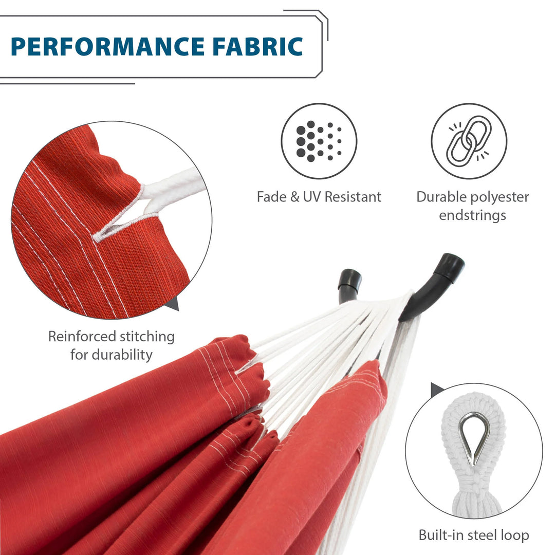Vivere Double Sunbrella Hammock & Steel Stand, Portable Outdoor Lounge, Crimson