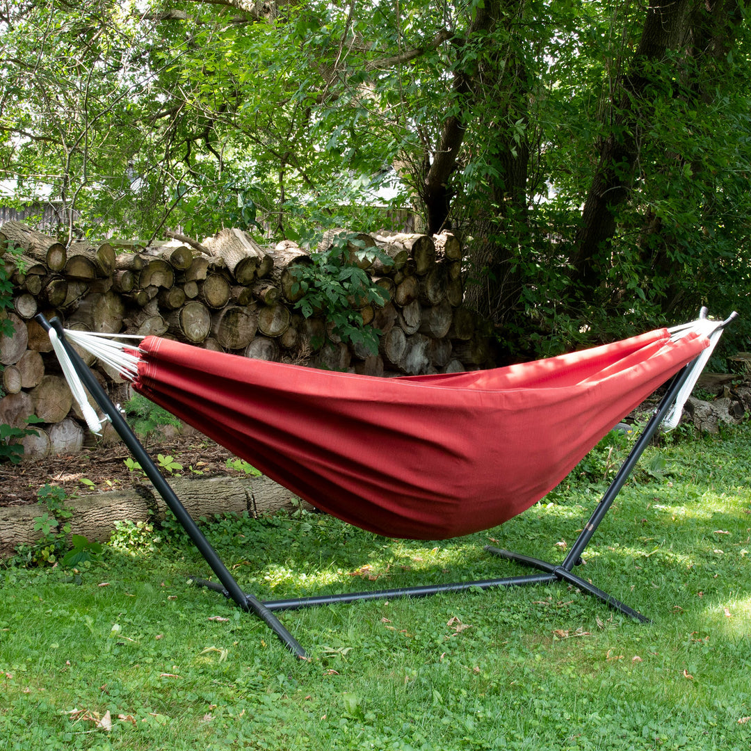 Vivere Double Sunbrella Hammock & Steel Stand, Portable Outdoor Lounge, Crimson