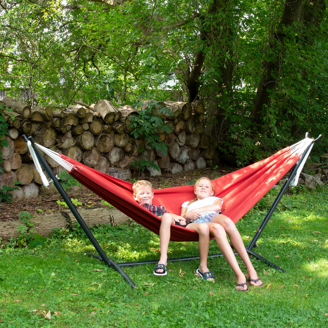 Vivere Double Sunbrella Hammock & Steel Stand, Portable Outdoor Lounge, Crimson
