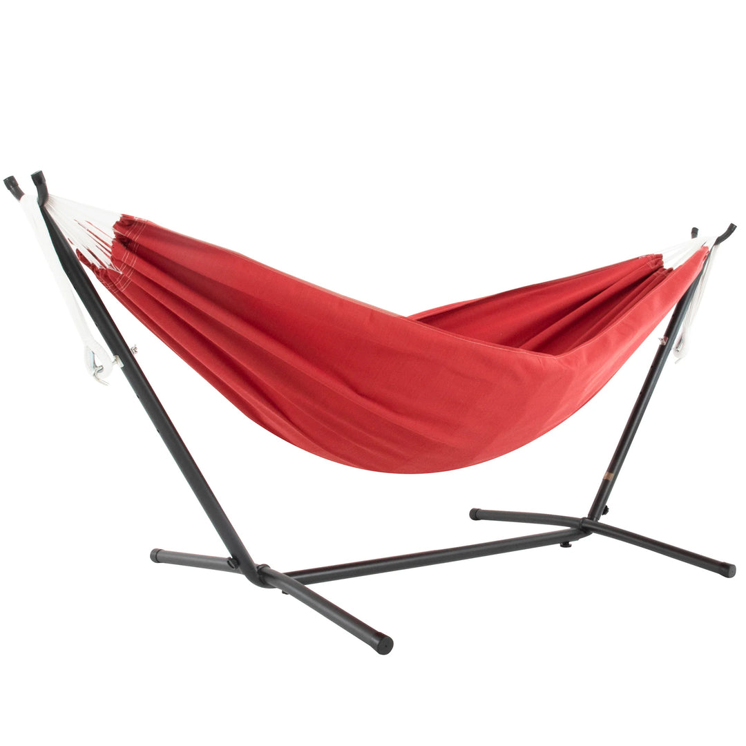 Vivere Double Sunbrella Hammock & Steel Stand, Portable Outdoor Lounge, Crimson