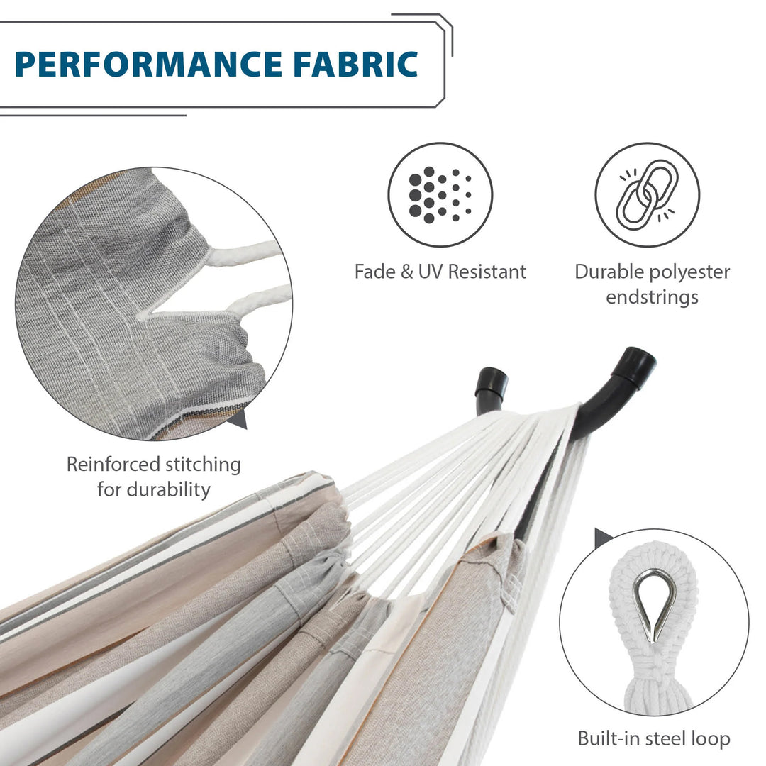 Vivere Double Sunbrella Hammock with Steel Stand, Portable Outdoor Lounge, Dove