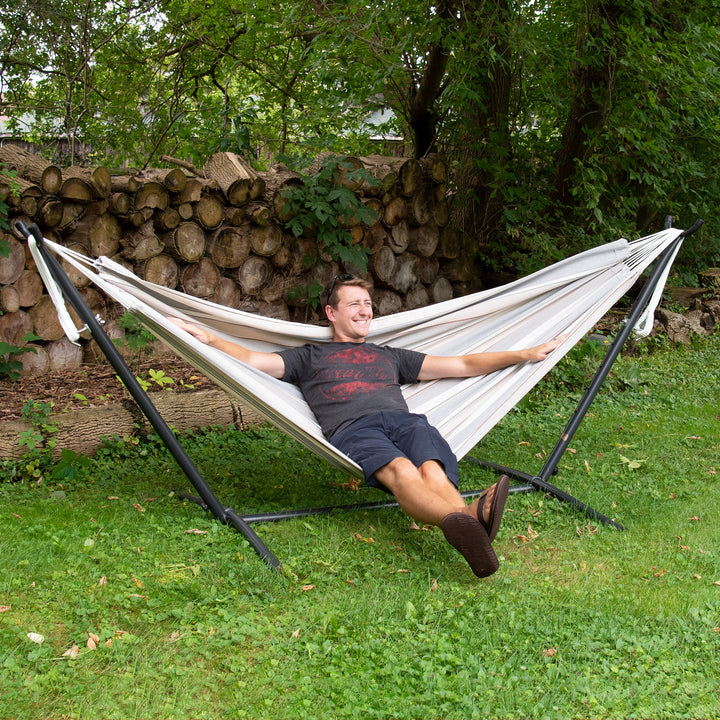 Vivere Double Sunbrella Hammock with Steel Stand, Portable Outdoor Lounge, Dove
