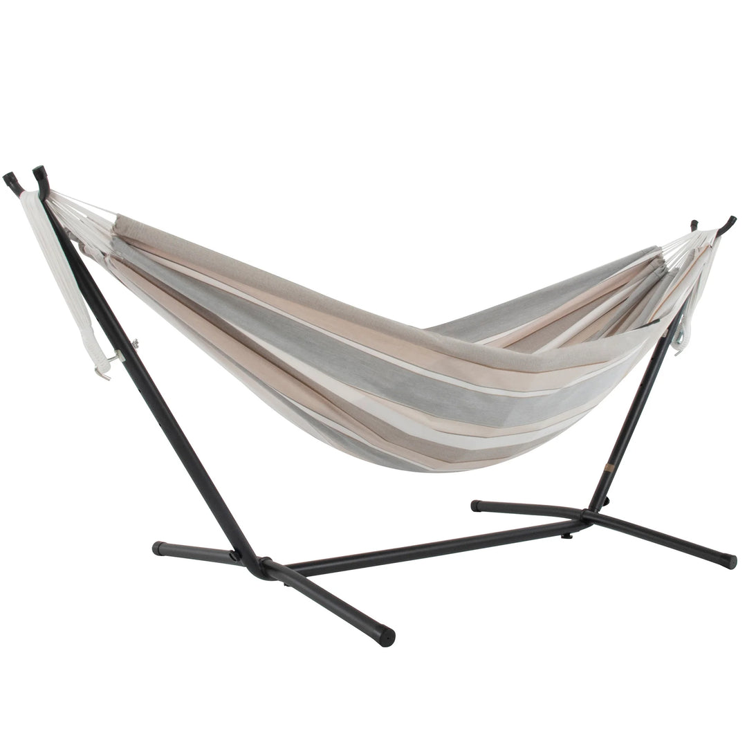 Vivere Double Sunbrella Hammock with Steel Stand, Portable Outdoor Lounge, Dove
