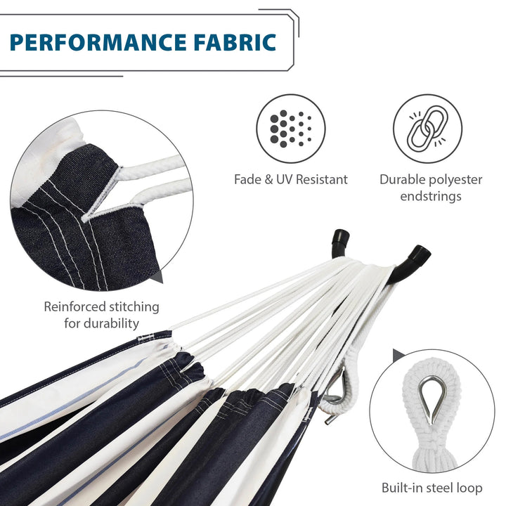 Vivere Double Sunbrella Hammock & Steel Stand, Portable Outdoor Lounge, Harbor