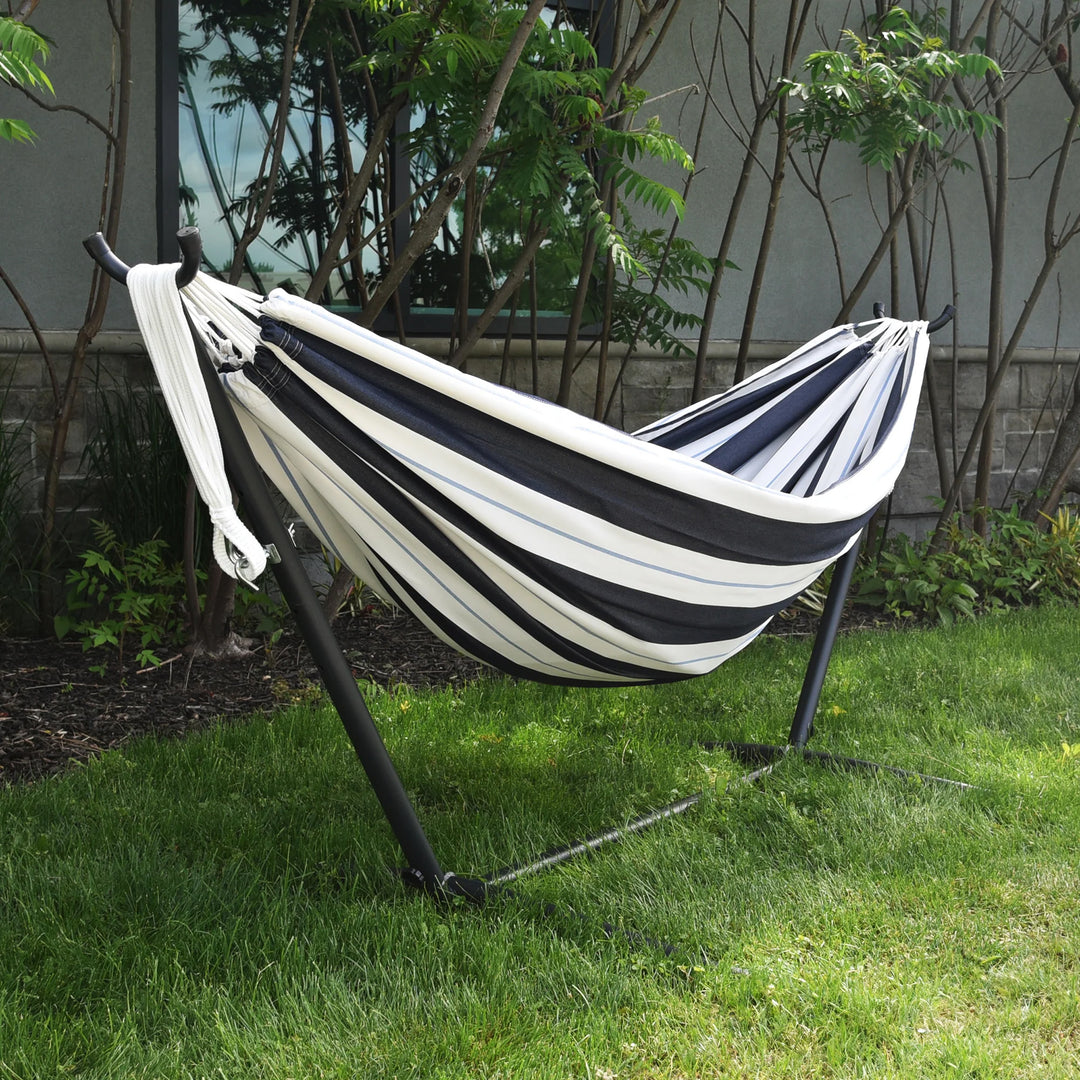 Vivere Double Sunbrella Hammock & Steel Stand, Portable Outdoor Lounge, Harbor