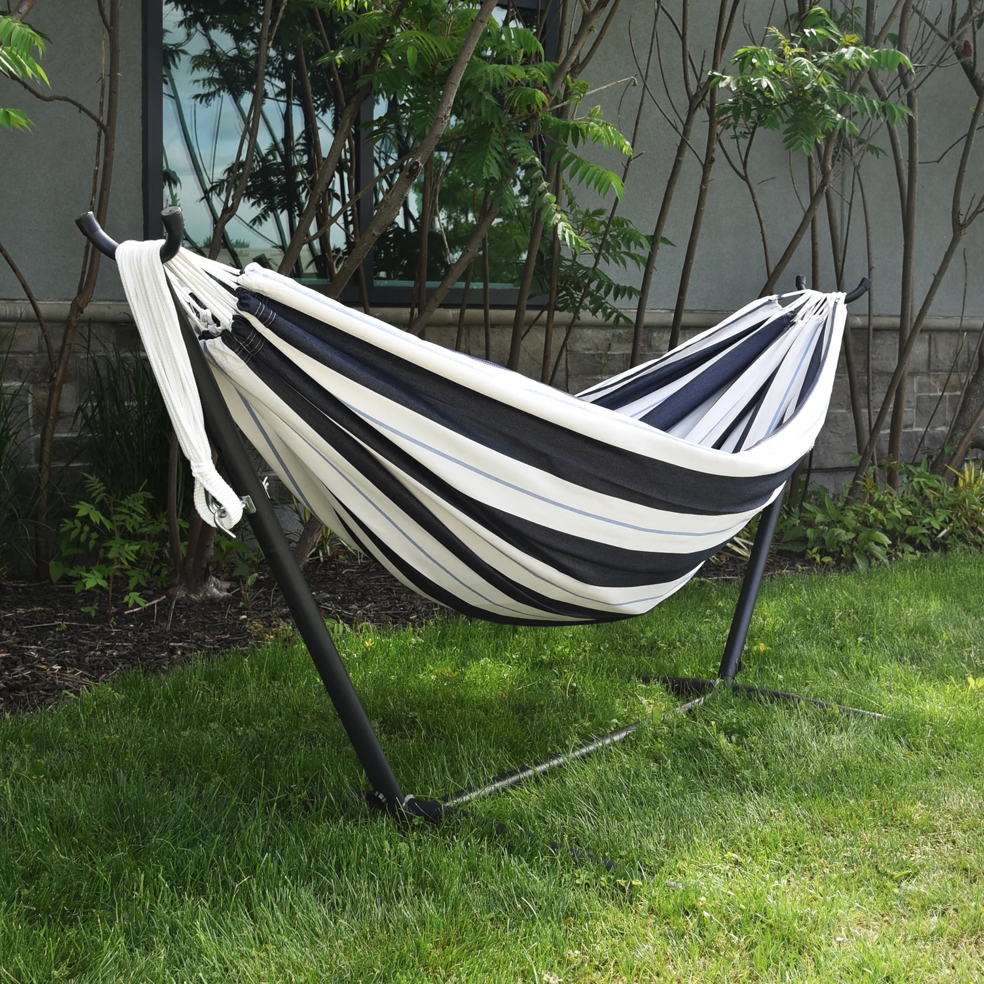 Vivere Double Sunbrella Hammock & Steel Stand, Portable Outdoor Lounge,(Open Box