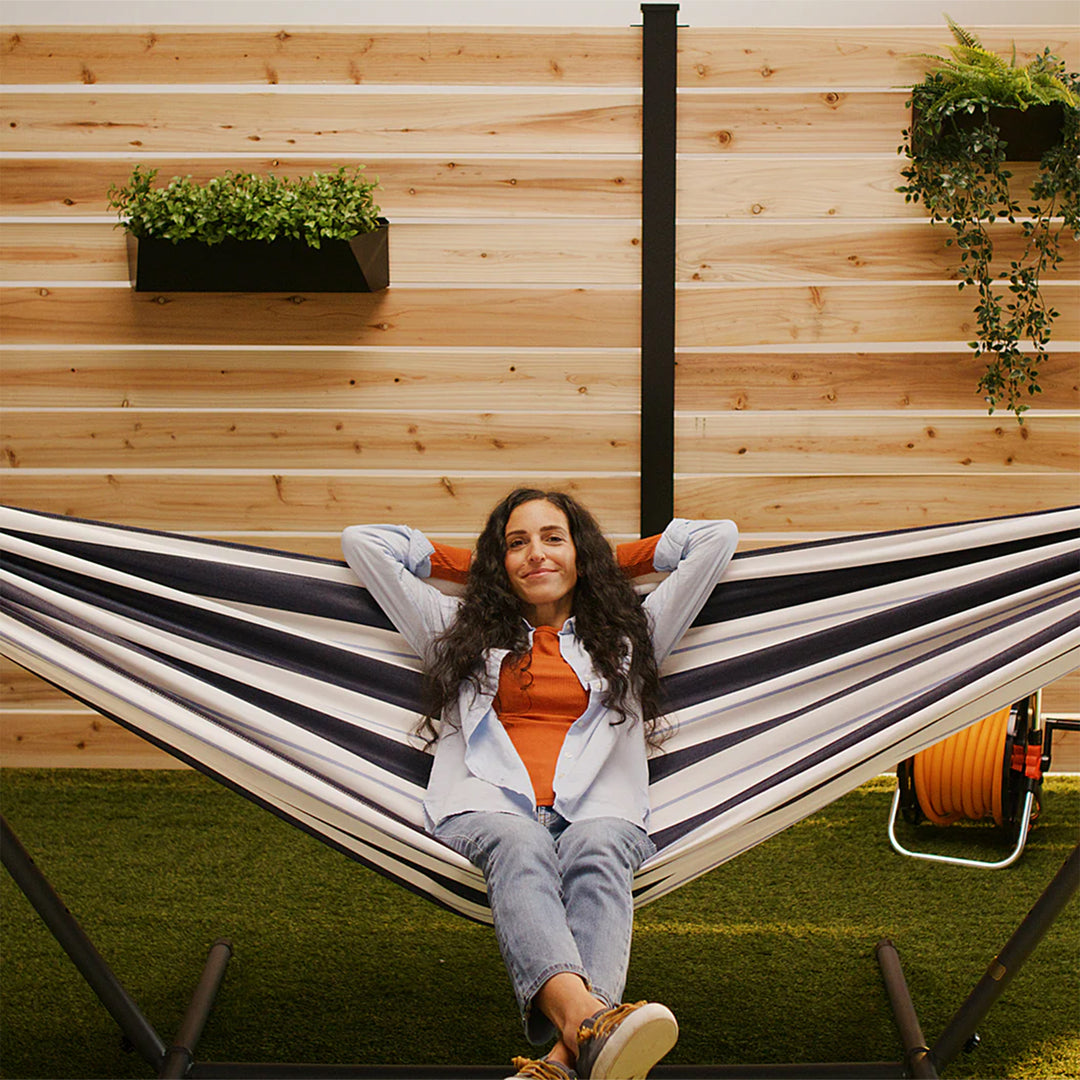 Vivere Double Sunbrella Hammock & Steel Stand, Portable Outdoor Lounge, Harbor
