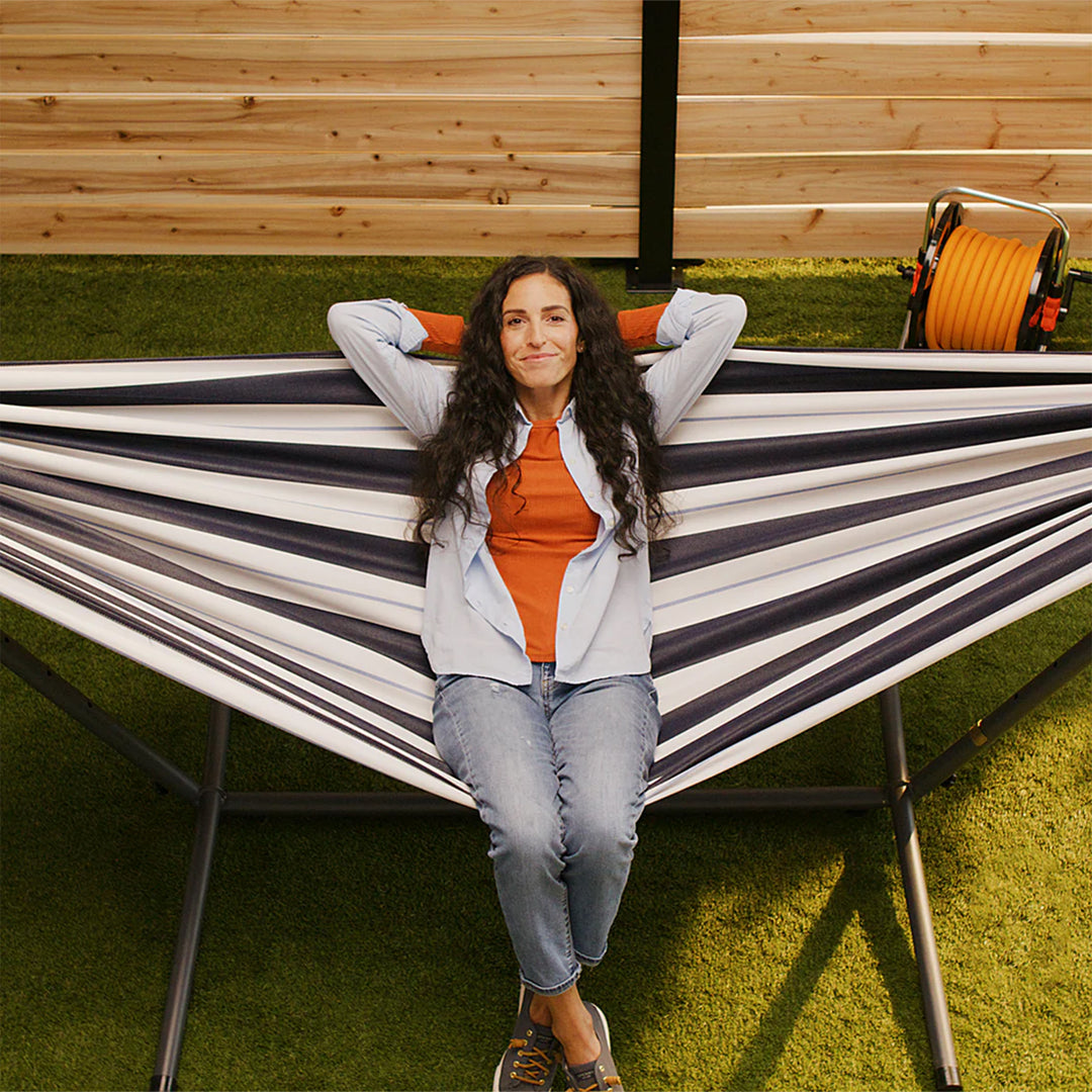 Vivere Double Sunbrella Hammock & Steel Stand, Portable Outdoor Lounge, Harbor