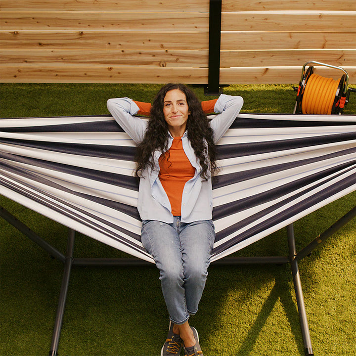 Vivere Double Sunbrella Hammock & Steel Stand, Portable Outdoor Lounge, Harbor