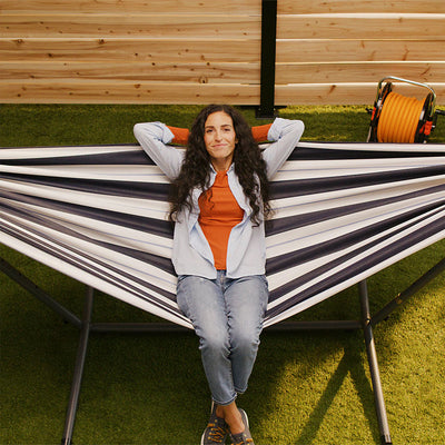 Vivere Double Sunbrella Hammock & Steel Stand, Portable Outdoor Lounge,(Open Box - VMInnovations