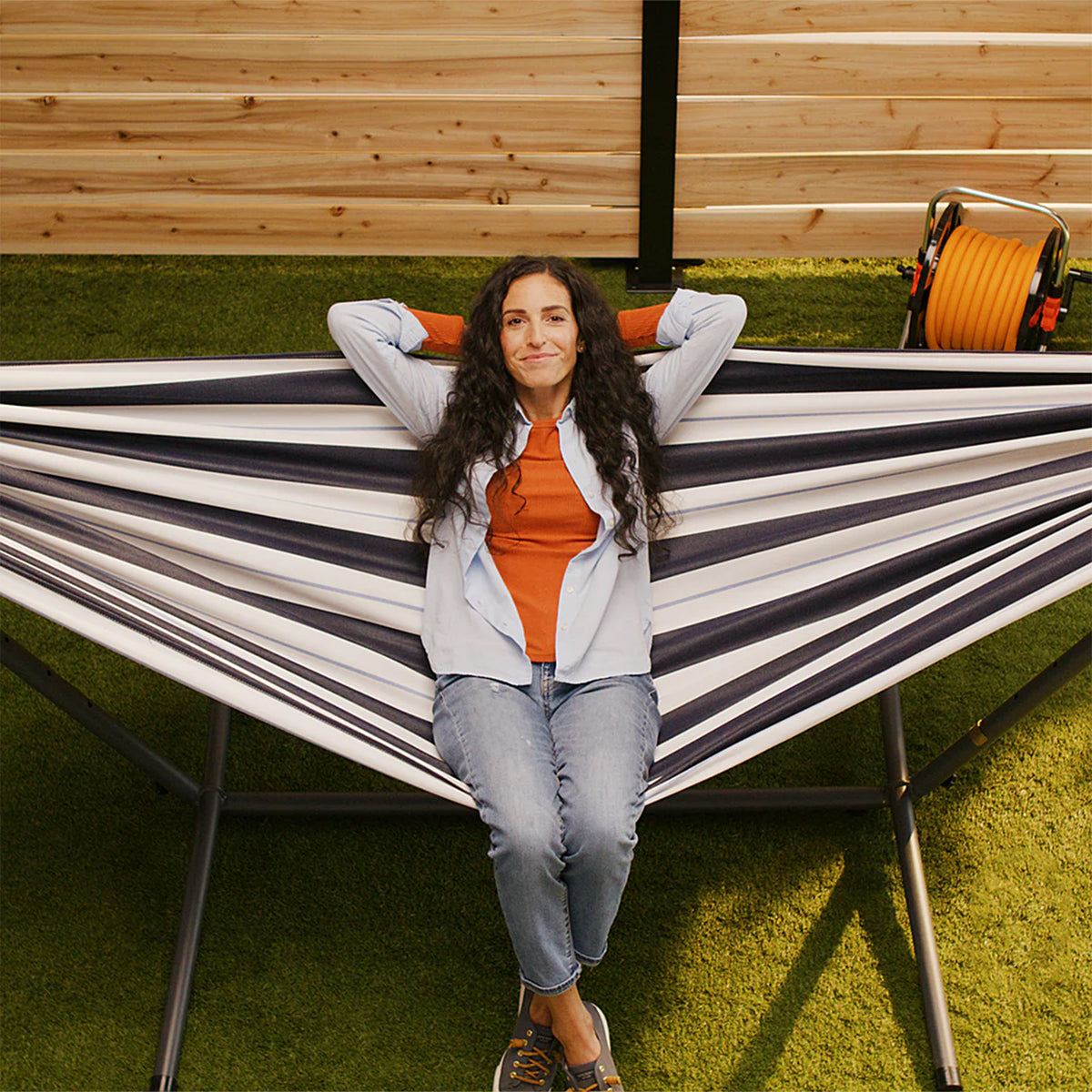 Vivere Double Sunbrella Hammock & Steel Stand, Portable Outdoor Lounge,(Open Box - VMInnovations
