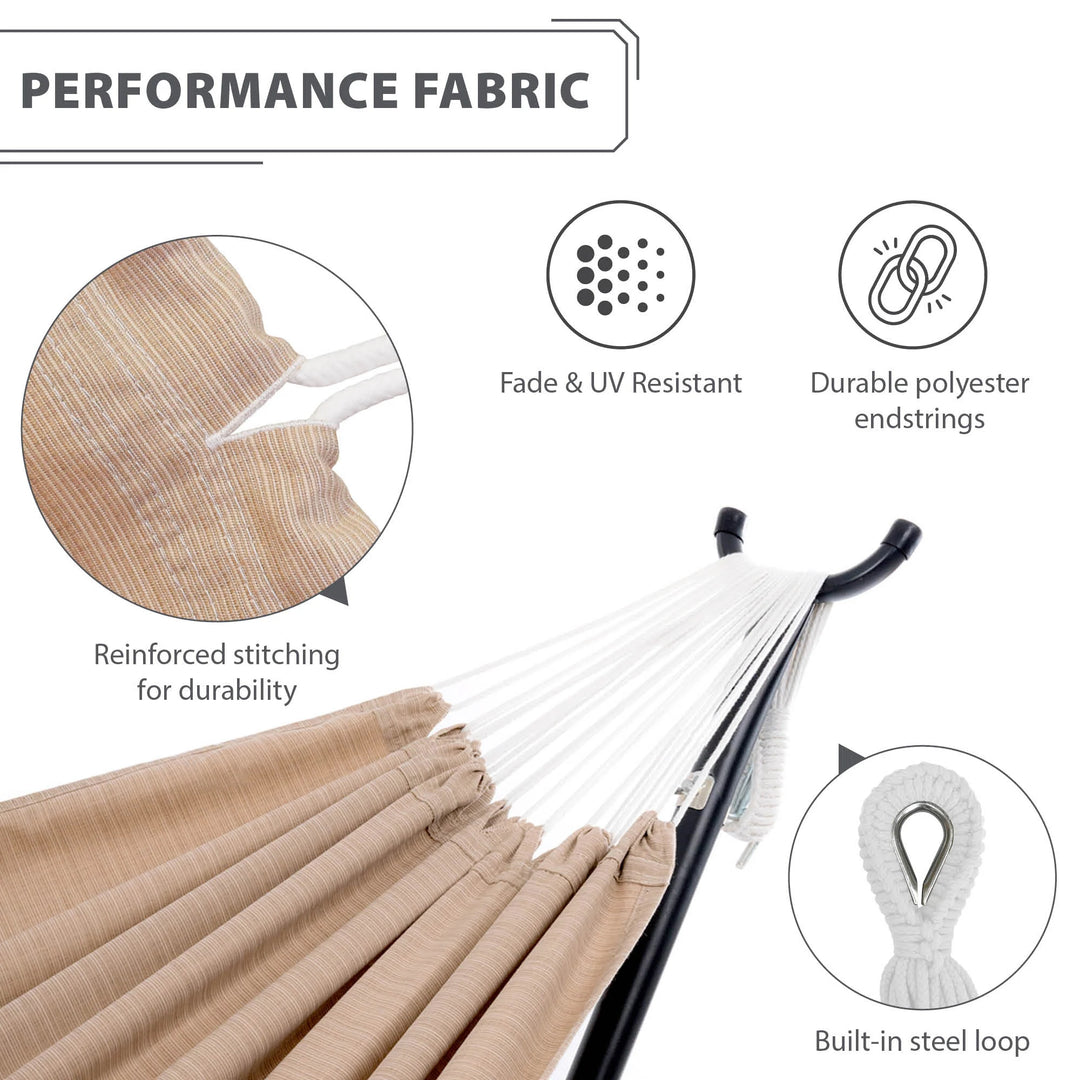 Vivere Double Sunbrella Hammock with Steel Stand, Portable Outdoor Lounge, Sand