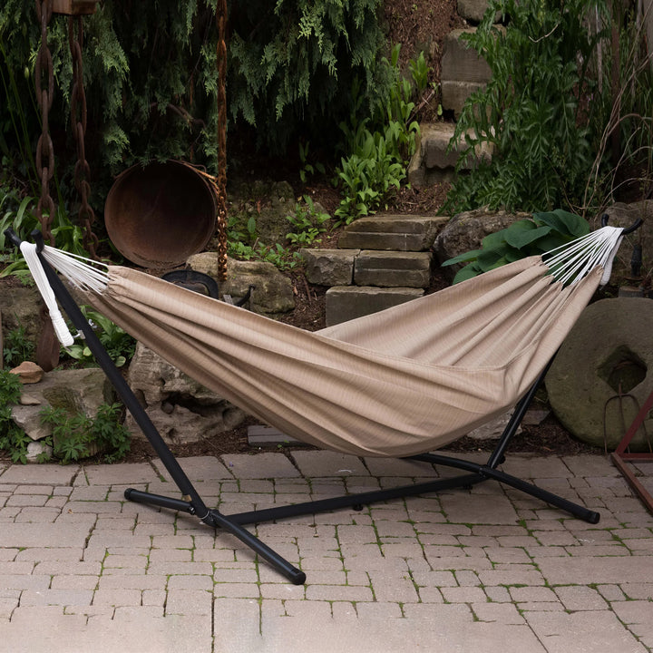 Vivere Double Sunbrella Hammock with Steel Stand, Portable Outdoor Lounge, Sand