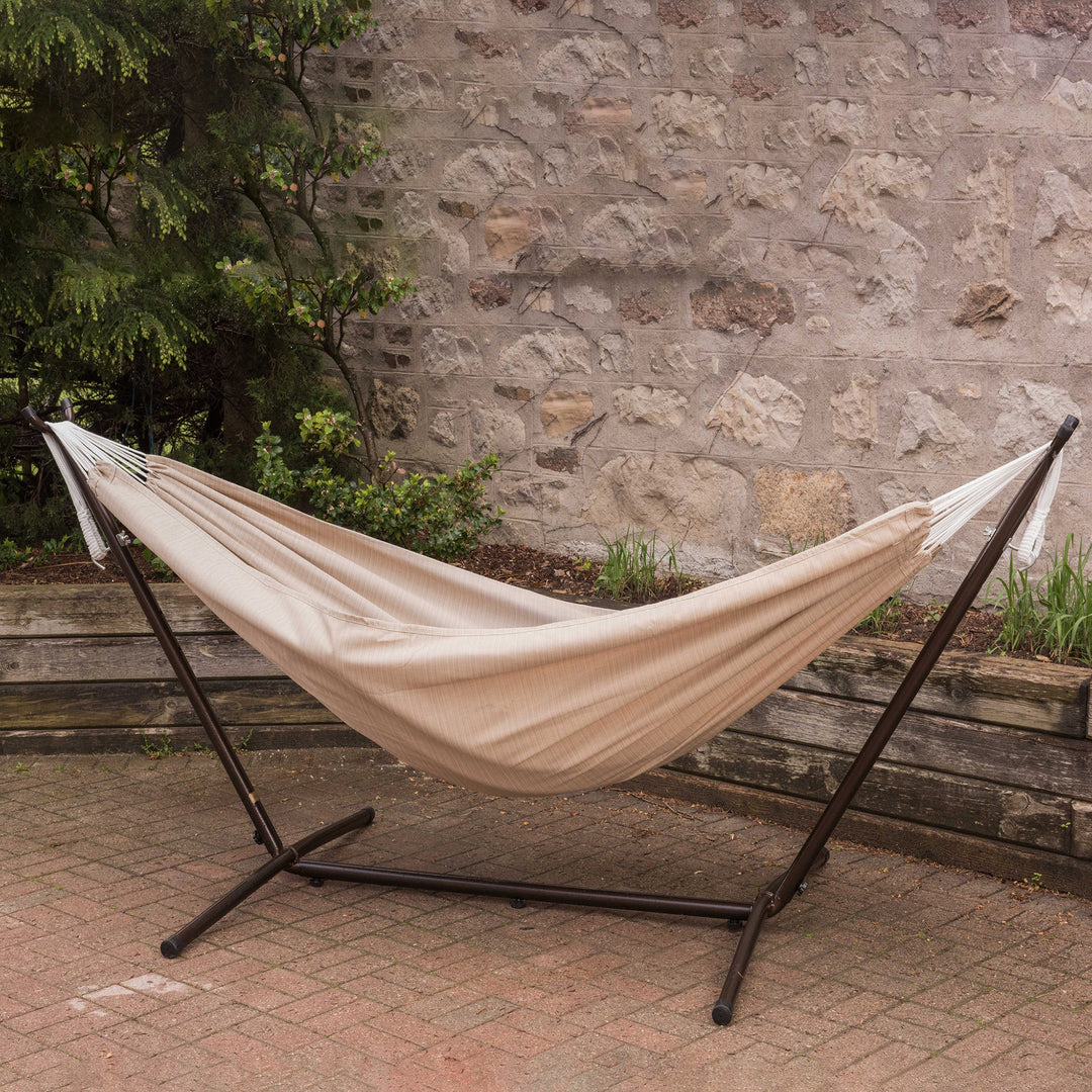 Vivere Double Sunbrella Hammock with Steel Stand, Portable Outdoor Lounge, Sand