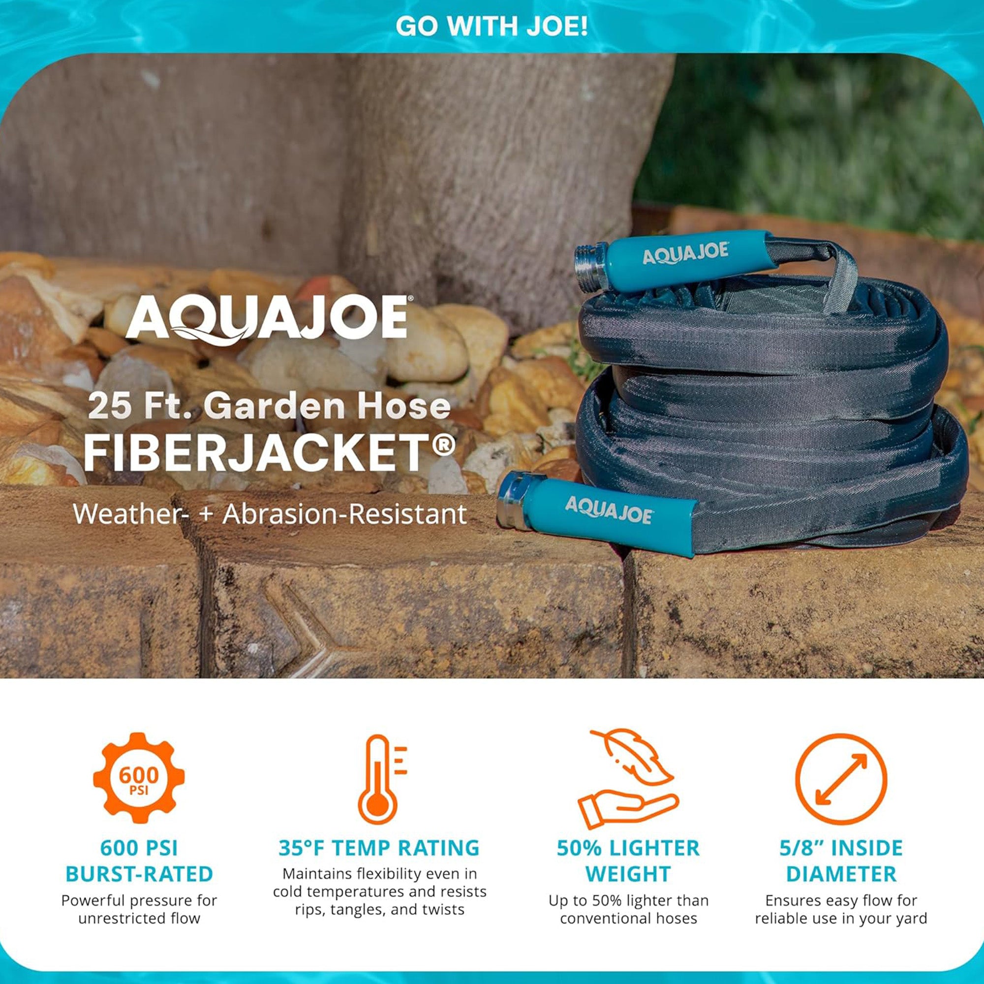 Aqua Joe FiberJacket Non-Expanding Garden Hose, Kink-Free, (Open Box)