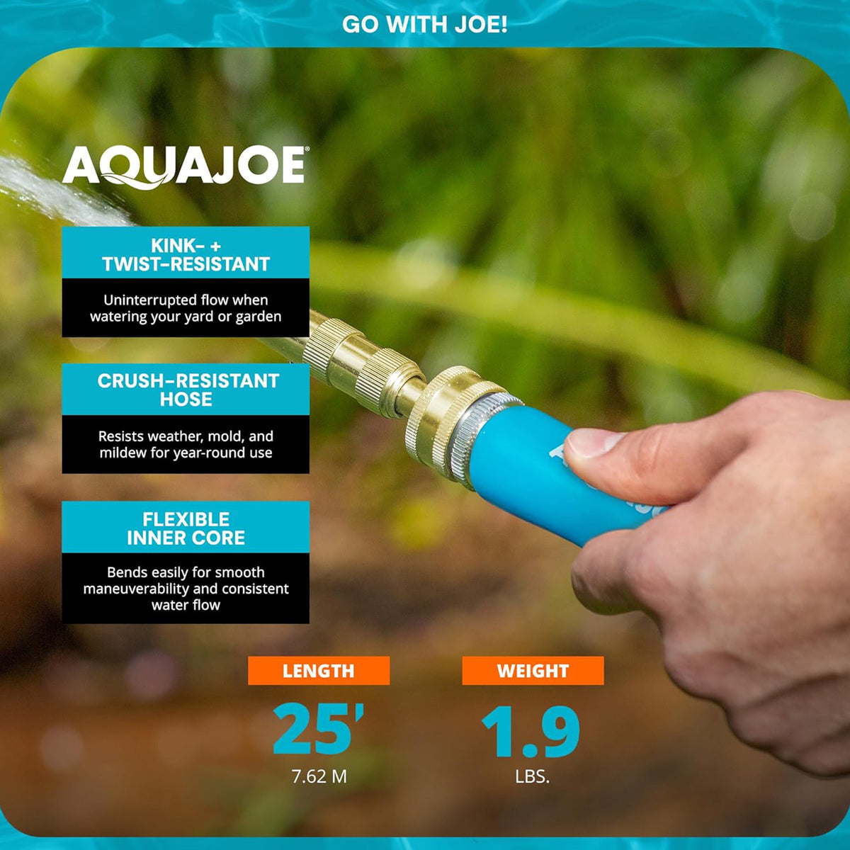Aqua Joe FiberJacket Non-Expanding Garden Hose, Kink-Free, (Open Box)