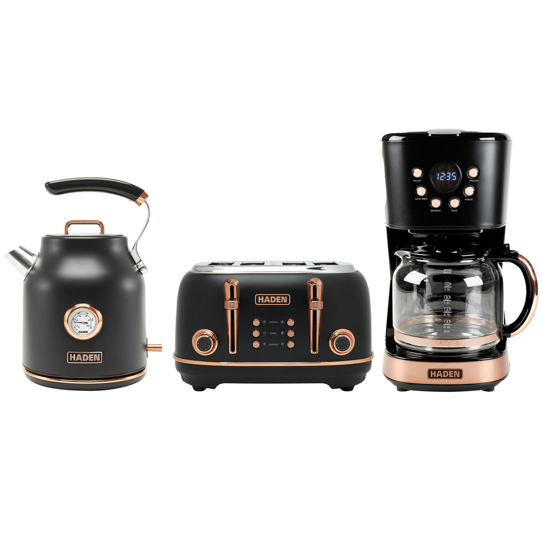 Haden Heritage Toaster & Dorset Electric Kettle & Coffee Machine, Black/Copper