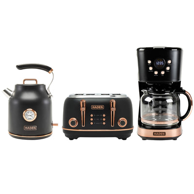 Haden Heritage Toaster & Dorset Electric Kettle & Coffee Machine, Black/Copper