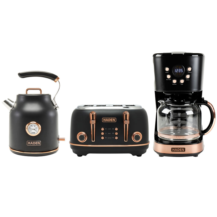 Haden Heritage Toaster & Dorset Electric Kettle & Coffee Machine, Black/Copper