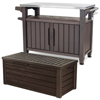 Keter Unity XL Outdoor Rolling Bar Cart Storage & Westwood Deck Box, Espresso