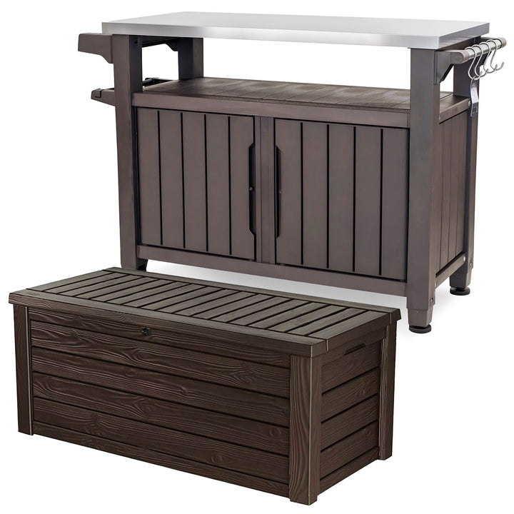 Keter Unity XL Outdoor Rolling Bar Cart Storage & Westwood Deck Box, Espresso