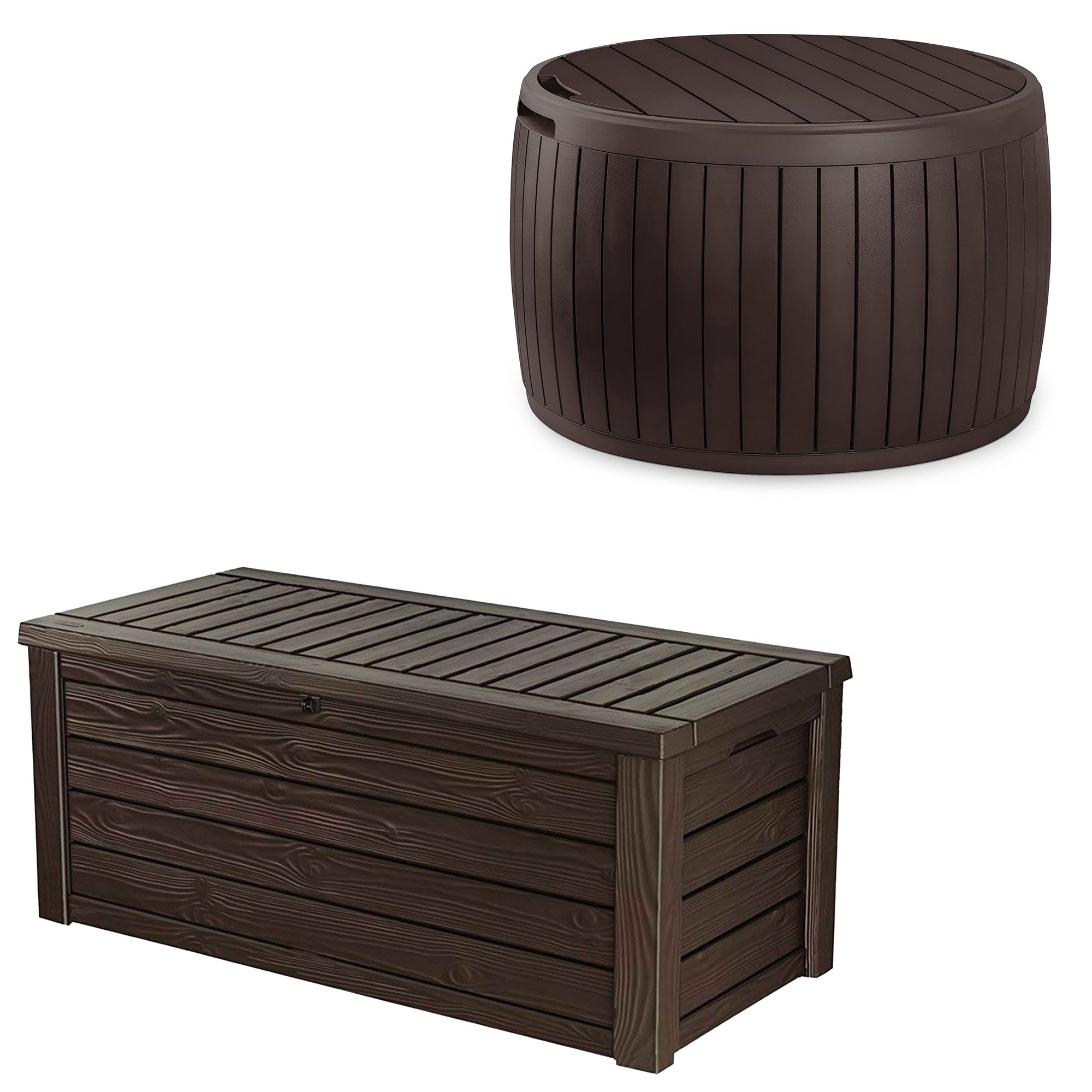 Keter Circa 37 Gal Round Patio Storage Table & Westwood 150 Gal Deck Box, Brown - VMInnovations
