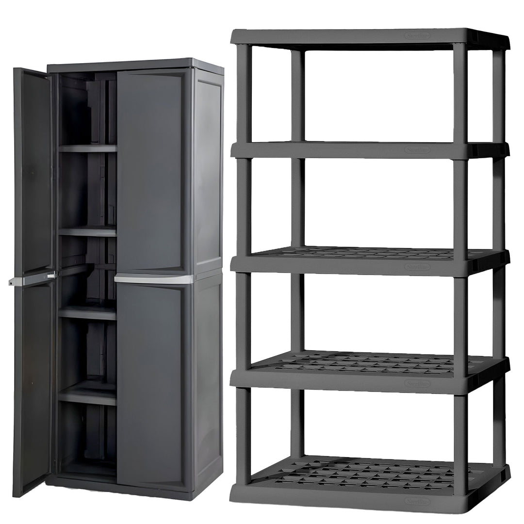 Sterilite 5 Shelf Plastic Storage Unit & Garage & Pantry Storage Cabinet, Gray