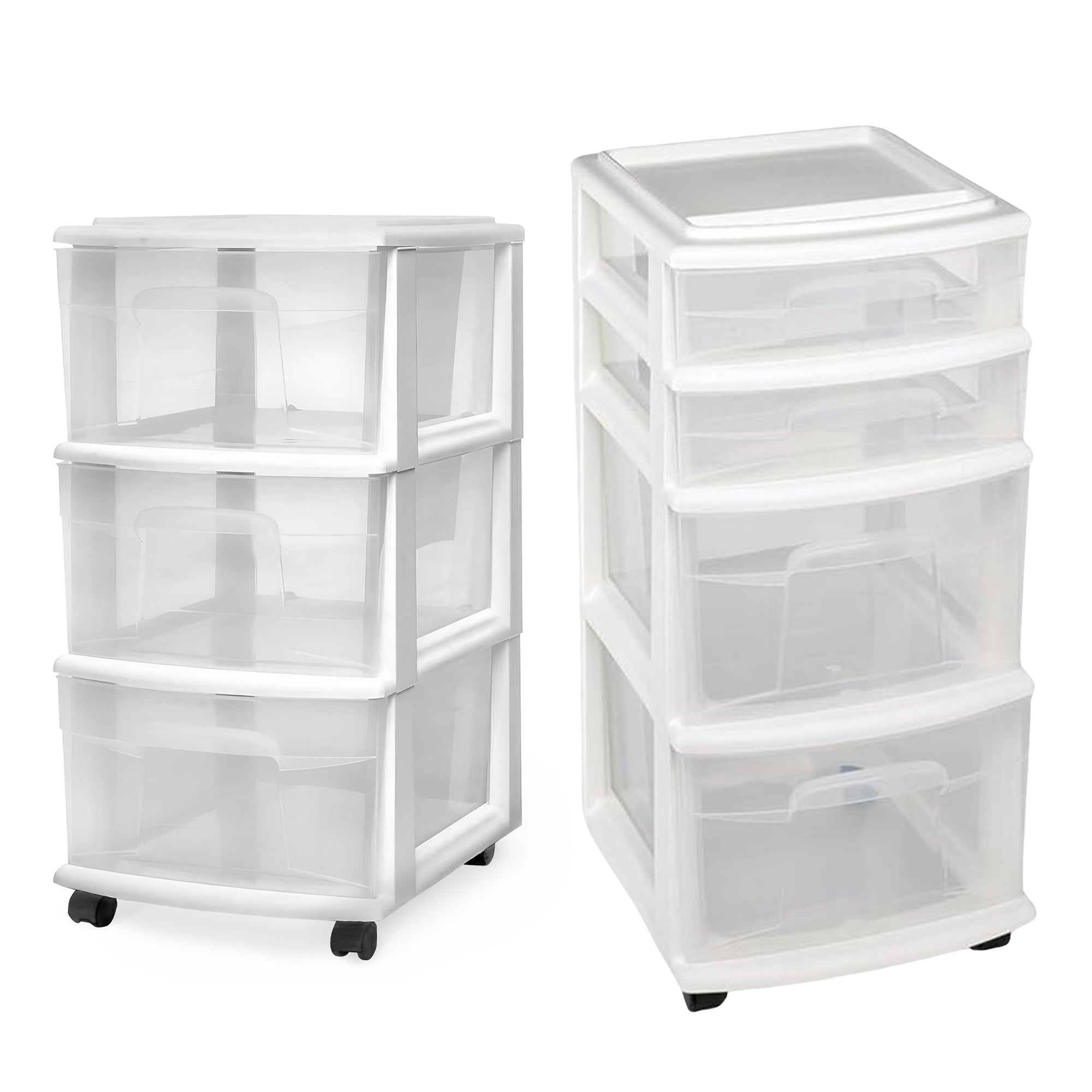 Homz Clear Plastic 4 Drawer Medium Storage Container Tower & 3 Tier Unit, White