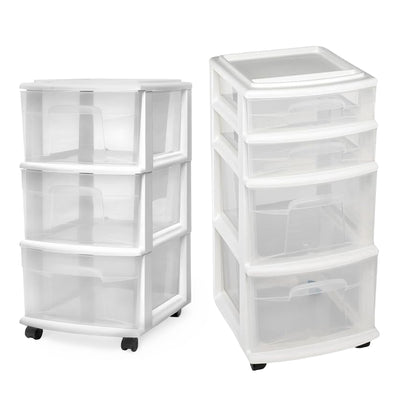 Homz Clear Plastic 4 Drawer Medium Storage Container Tower & 3 Tier Unit, White