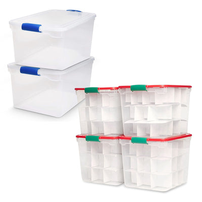 HOMZ 31 Qt Storage Container, 4 Pack & 66 Qt Latch Clear Bin, Blue Latch, 2 Pack