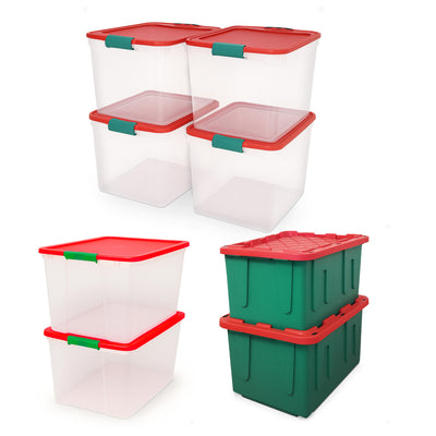 HOMZ 31 Qt Storage Container, 4 Pack & 64 Qt Latch Clear Bin, Red Lid, 2 Pack