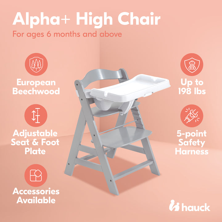 hauck Alpha+ Adjustable Booster High Chair and High Chair Tray Table, White